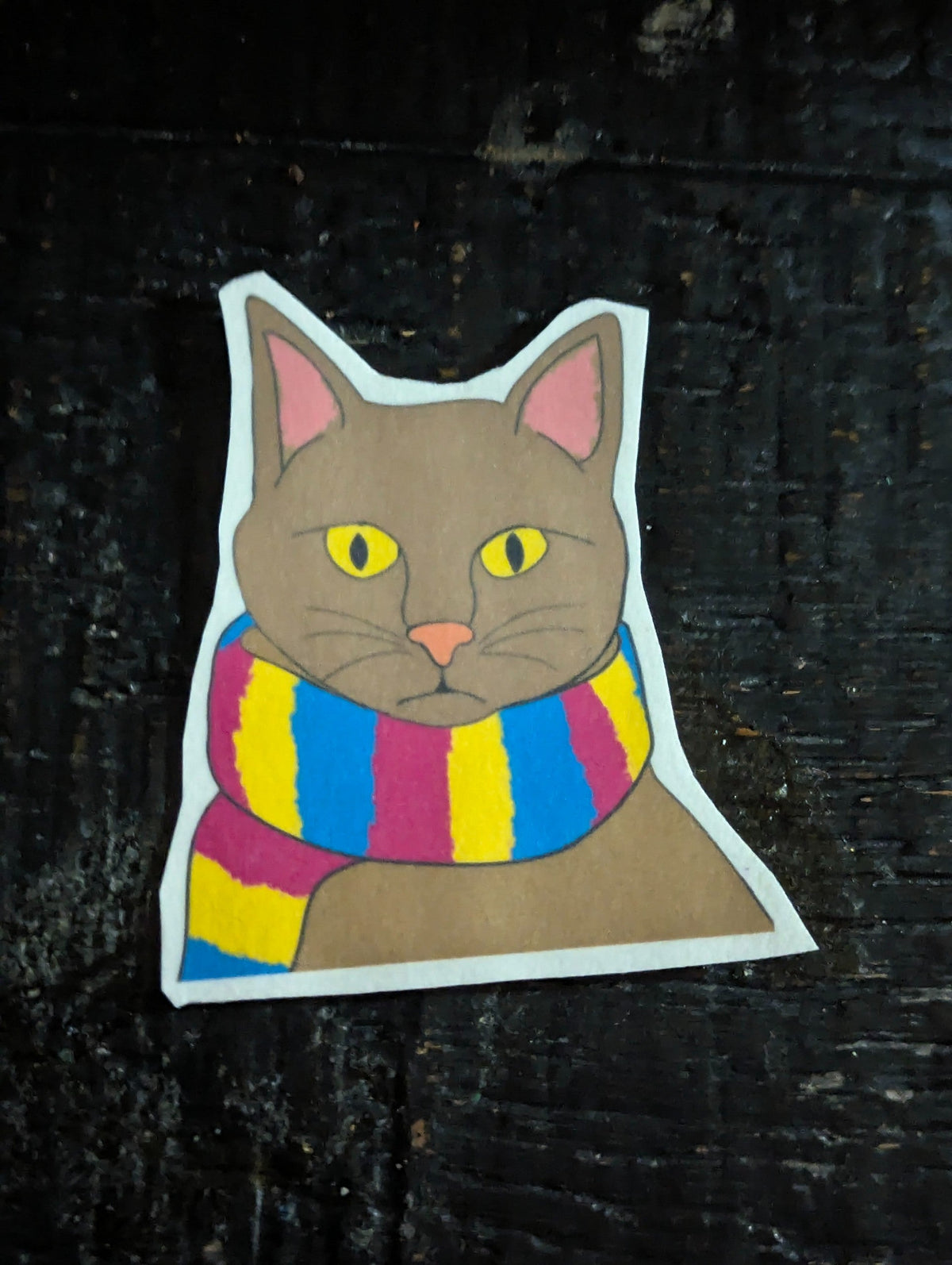 Cat with blue yellow and pink scarf Vinyl Sticker – (Waterproof)