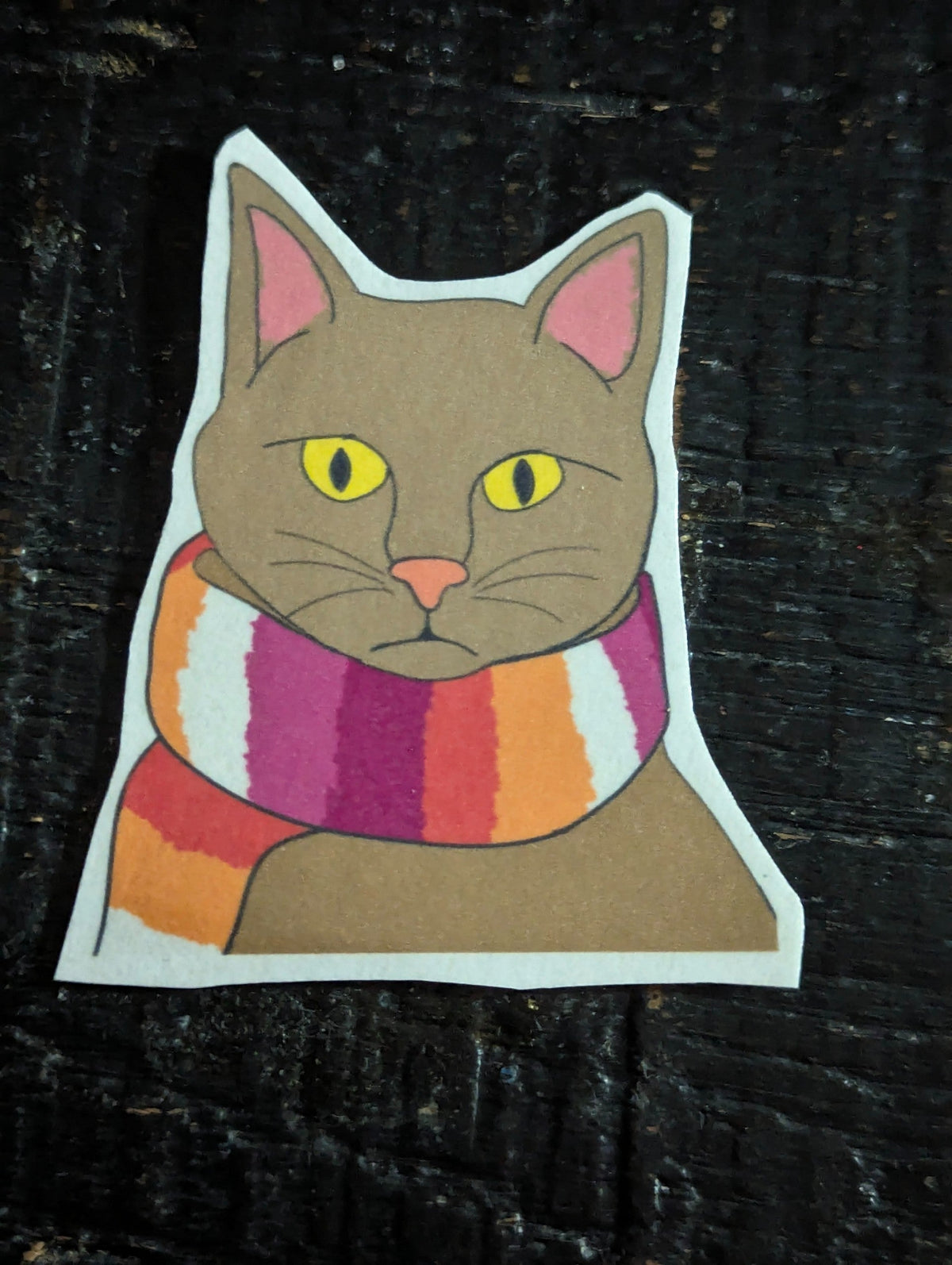 Cat with orange white and pink scarf Vinyl Sticker – (Waterproof)