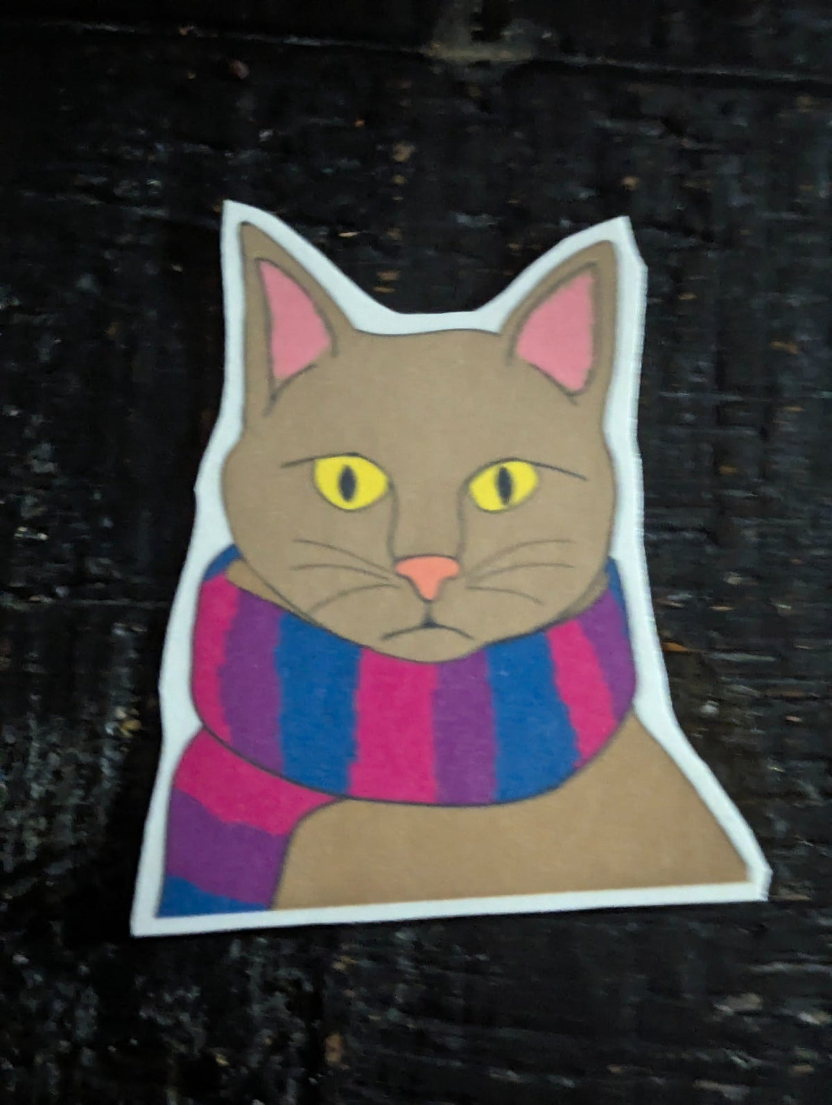 Cat with pink purple and blue scarf Vinyl Sticker – (Waterproof)